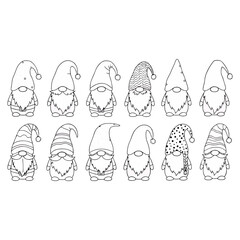 Collection of Gnome Outlines Featuring Various Hat Designs and Playful Poses for Coloring Pages and Holiday Crafts Projects