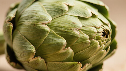A deep green artichoke displays tightly layered bracts forming an oval shape, with subtle brown edging softly glowing under natural light against a dark background