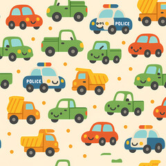 Seamless cartoon pattern with smiling cars, trucks, and police vehicles in bright colors on light background