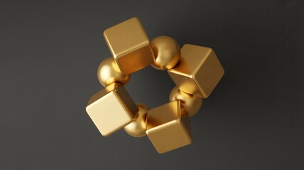 Golden Geometric Composition: Cubes and Spheres in Circular Arrangement on Dark Background