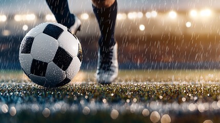 Young footballer practicing dribbling skills in rainy stadium sports photography dynamic environment close-up view for training