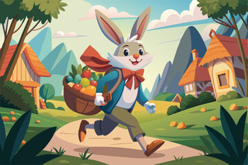 Happy Rabbit Running Through a Picturesque Village with a Fruit Basket