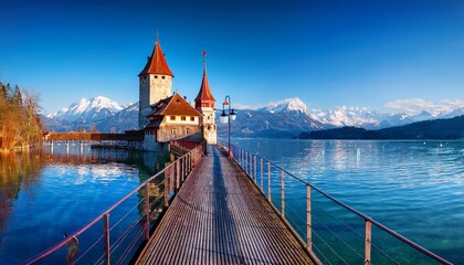 wooden pier with metal railing and red lamp leads to stunning oberhofen castle on lake thun reflecting on calm water with snowy swiss alps and blue sky in background canton of bern switzerland