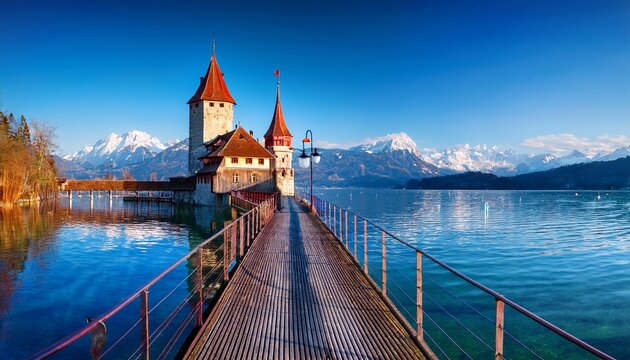 wooden pier with metal railing and red lamp leads to stunning oberhofen castle on lake thun reflecting on calm water with snowy swiss alps and blue sky in background canton of bern switzerland