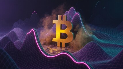 Bitcoin Symbol Amidst Abstract Digital Landscape with Glowing Neon Lines