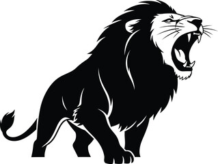 Obraz premium A black and white illustration of a roaring lion with its mouth open wide showing teeth