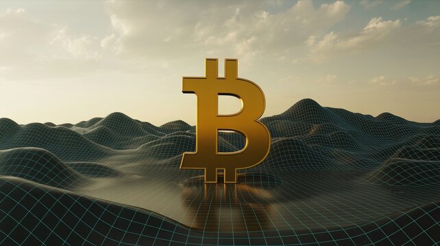 Golden Bitcoin Symbol on a Digital Grid Landscape Under a Cloudy Sky
