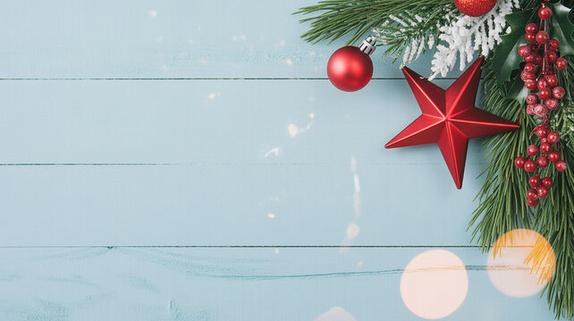 Festive Christmas Background with Red Star Ornament and Holly Berries on Light Blue Wooden Planks - Powered by Adobe