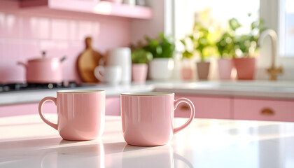 Pastel pink kitchen counter with 60s style mugs