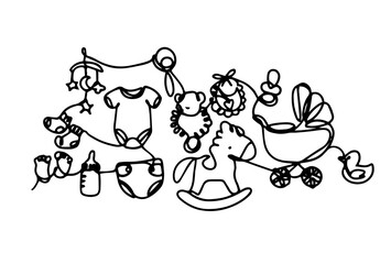 A set of items for newborns, hand-drawn in one line.