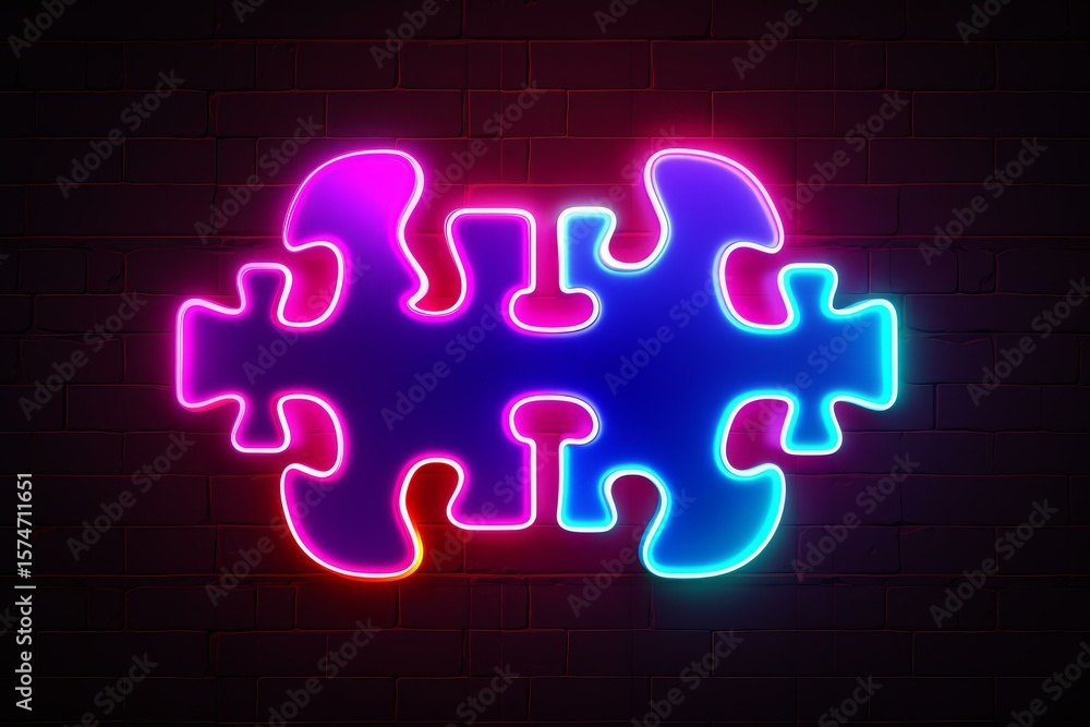 Aufkleber interlocking neon puzzle pieces form a vibrant and complex design against a dark brick wall, symboli
