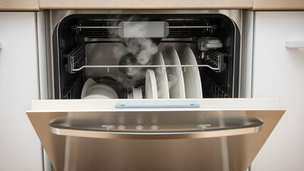 A sleek, silver dishwasher displays steam escaping from its opening while actively cleaning dishes. The kitchen features modern appliances with a clean design, highlighting functionality and style