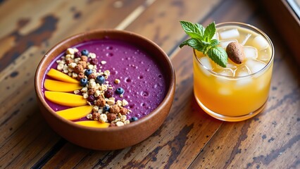 Açaí Bowl Mashed Fruits, Mango, Granola, Berries with Caju Amigo Cocktail, Brazilian Food and Drink Menu