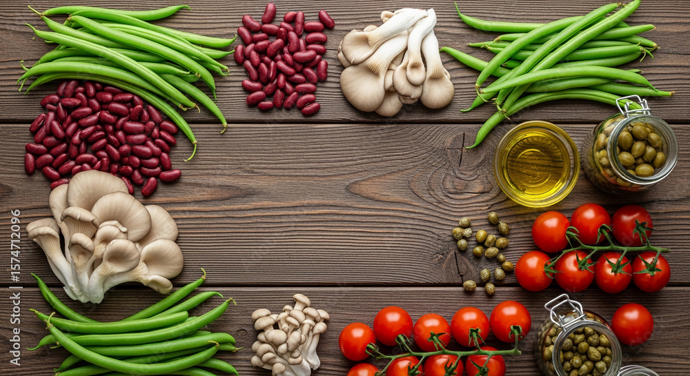 Poster flatlay image of assorted vegetables and mushrooms arranged on brown wooden surface, creating a fram