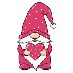 Whimsical Valentine's Day Gnome with Polka Dot Hat Holding a Pink Heart Illustration of Festive Holiday Celebration