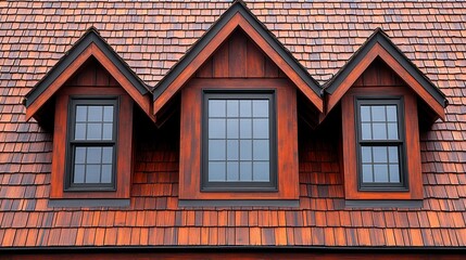 Obraz premium Three dormer windows on a reddish-brown shingle roof