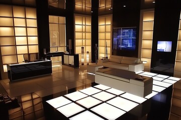 Modern Minimalist Office Interior Design Featuring Black And White Furniture And Warm Lighting