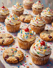 Cupcakes and cookies with sprinkles, oil painting style sweet dessert scene, high resolution printable food art
