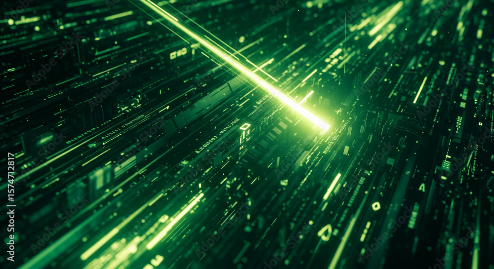 Poster abstract green digital landscape with glowing lines and data streams, representing technological adv