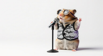 Hilarious and charismatic hamster singer, a funny animal, passionately performing at a microphone, wearing trendy sunglasses and a sparkling sequined vest.