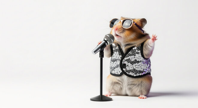 Hilarious and charismatic hamster singer, a funny animal, passionately performing at a microphone, wearing trendy sunglasses and a sparkling sequined vest.
