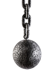 Dark heavy metal ball hanging from a chain isolated on white background