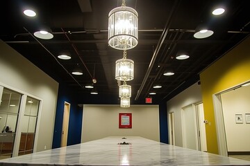 Modern Office Interior Featuring Long Conference Table And Contemporary Lighting