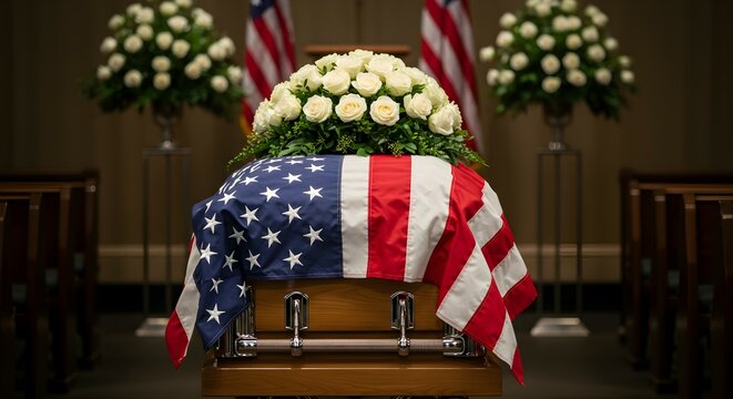 Flag draped coffin with floral arrangement at memorial service. Military funeral for fallen hero. Honoring veteran's sacrifice.