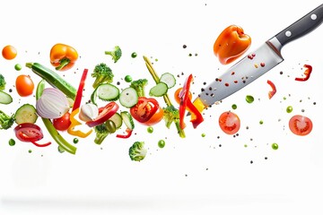 Colorful vegetables and herbs tossed in mid-air with a knife slicing through, showcasing a vibrant culinary scene in a bright kitchen environment