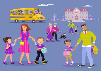 Parents and kids walking towards school building. Yellow school bus with happy children and diverse families.  Represents education, back to school themes. Vector flat illustration.