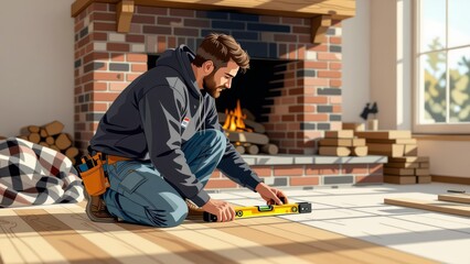 Worker installing hardwood flooring on wooden floor, natural elements around. Concept of worker installing hardwood flooring in cozy atmosphere with warm light and serious focus.