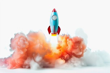 Colorful rocket launches with vibrant smoke and flames against a white background showcasing an exciting moment of exploration and adventure