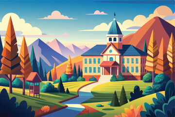 Picturesque Autumn Landscape. Majestic House by the Mountain Stream
