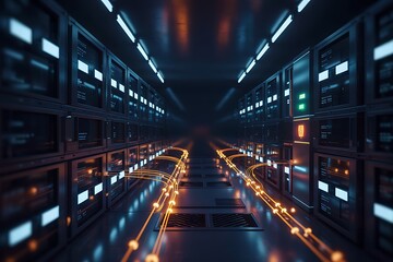 Futuristic Data Center Server Room with Glowing Orange Cables and Blue Lights