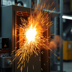 Explosion of sparks bursts from damaged control box in substation during electrical malfunction emergency