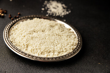Food salt crystals sea food salt spices additive gourmet food background on the table rustic food top view copy space