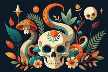 Sugar Skull and Snake in Floral Embrace. A Dark Fantasy Art Print