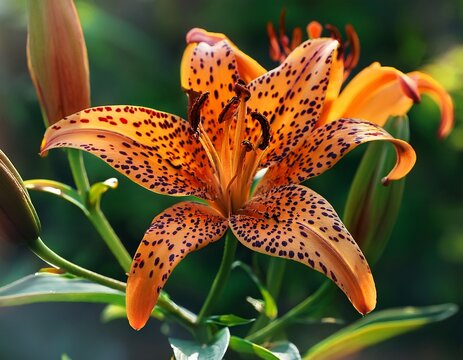 tiger lilies with spotted petals in a summer garden lily flower in full bloom - Powered by Adobe