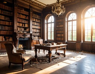 Generated image - abandoned victorian style library room, empty