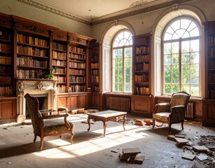Generated image - abandoned victorian style library room, empty
