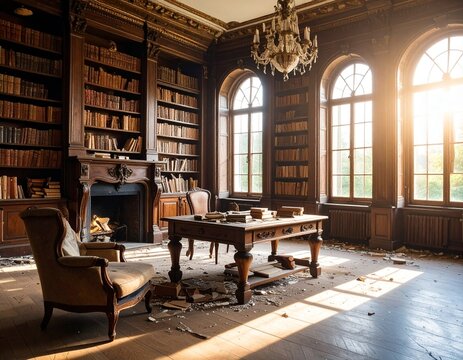 Generated image - abandoned victorian style library room, empty