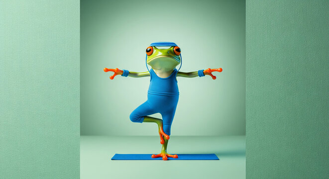 Flexible and funny frog performing a perfect tree yoga pose, a zen animal, wearing a blue bodysuit and headband, showcasing amazing balance and calm.