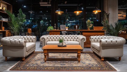 Modern Office Waiting Area With Beige Sofas And Wooden Coffee Table