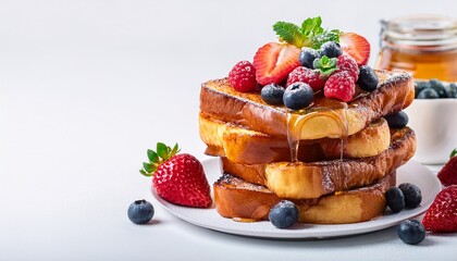 french toast with fresh berries and syrup on white background panoramic shot with copy space