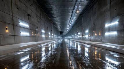 Fototapeta premium Concrete walls of a newly built road tunnel with wet surfaces.