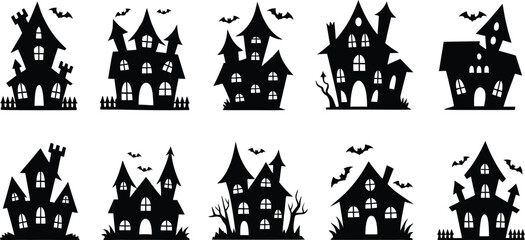 Spooky Halloween haunted houses silhouette collection, vector illustration