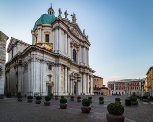 Exterior View of the New Duomo Cathedral in Brescia, Italy, in Piazza Paolo VI, at golden hour