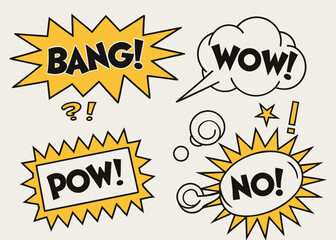 Collection of Retro Comic Book Style Speech Bubbles with Exclamations and Sound Effects in Yellow and Black