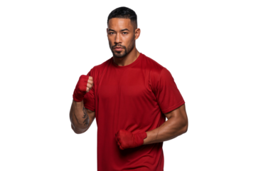 Strong martial arts athlete in red sportswear with wrapped fists, posing in fighting stance. isolated on transparent background