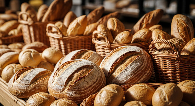Close-up of assorted bread loaves and rolls in wicker baskets, showcasing bakery freshness and variety, representing artisan baking, wholesome food and deliciousness